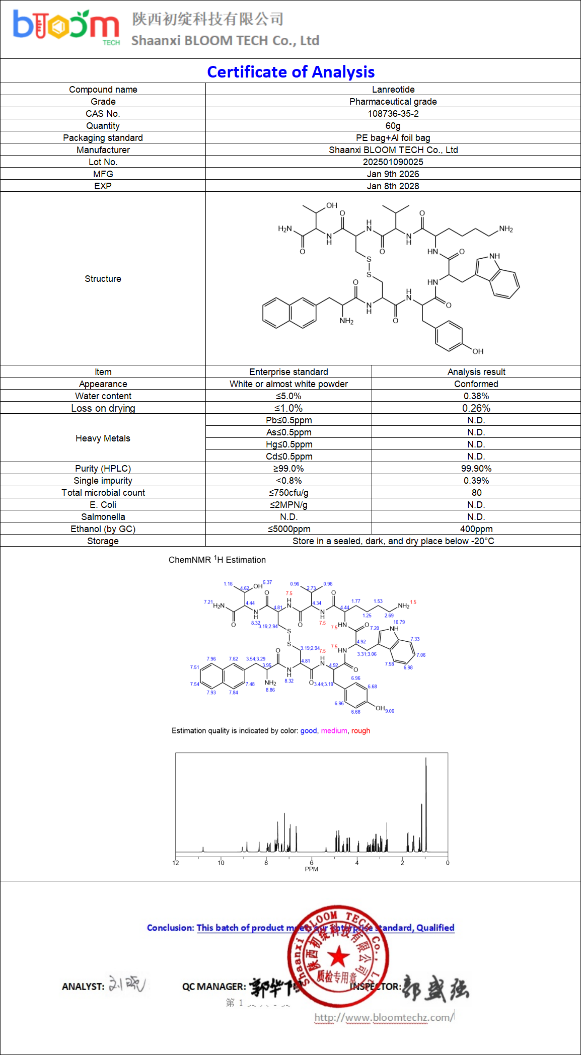Lanreotide COA | Shaanxi BLOOM Tech Co., Ltd Lanreotide COA | Shaanxi BLOOM Tech Co., Ltd